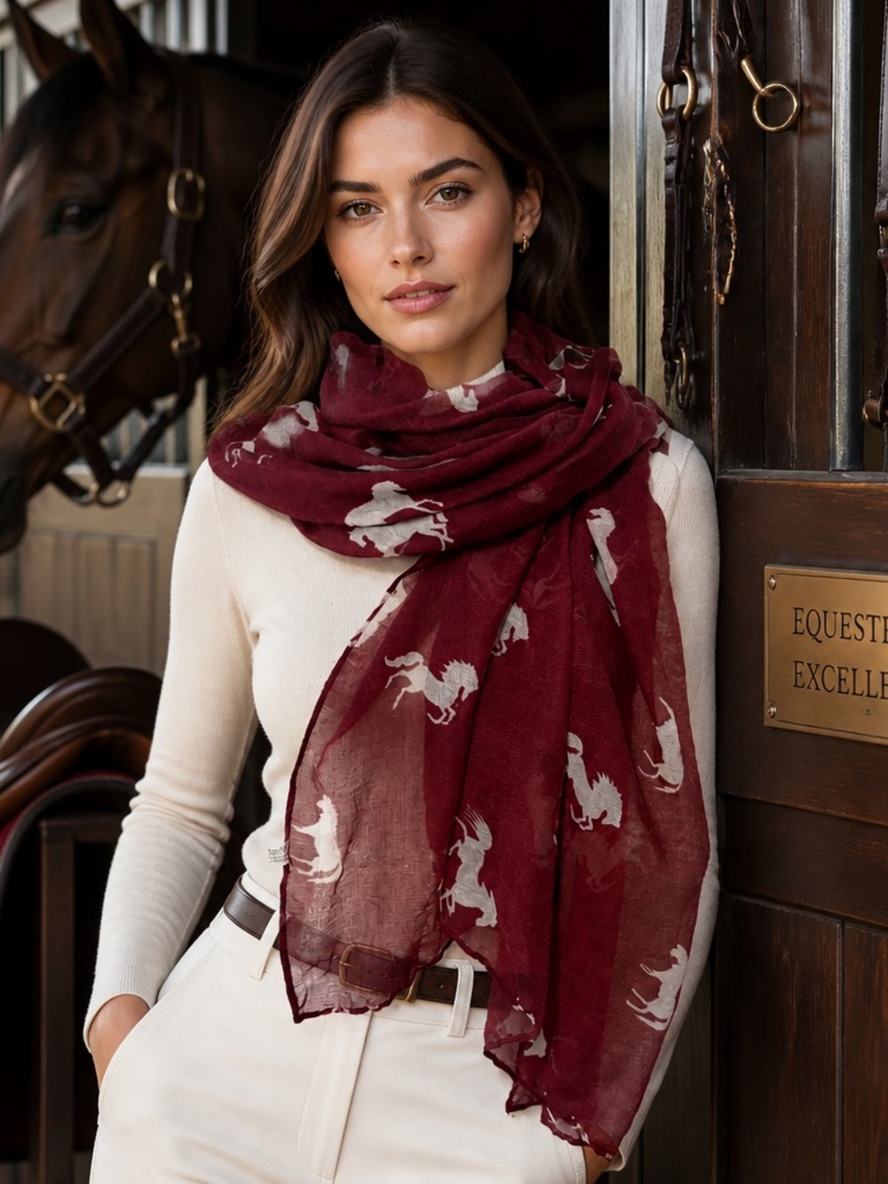 Ifrogee Burgundy Horse Print Scarf Wrap Shawl Equestrian Lightweight Viscose